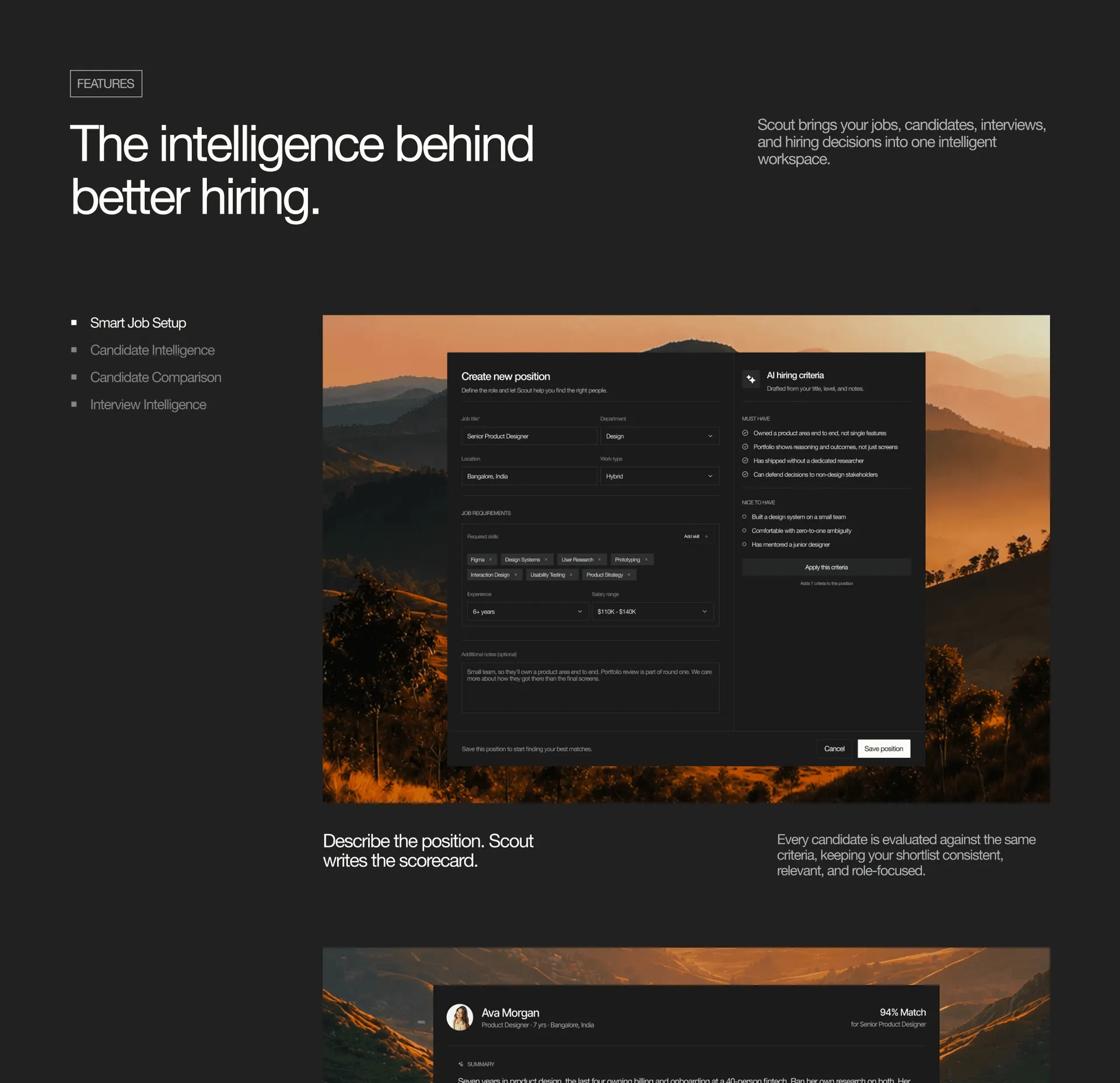 Scout: dark-theme feature section, covering job setup and AI candidate scoring